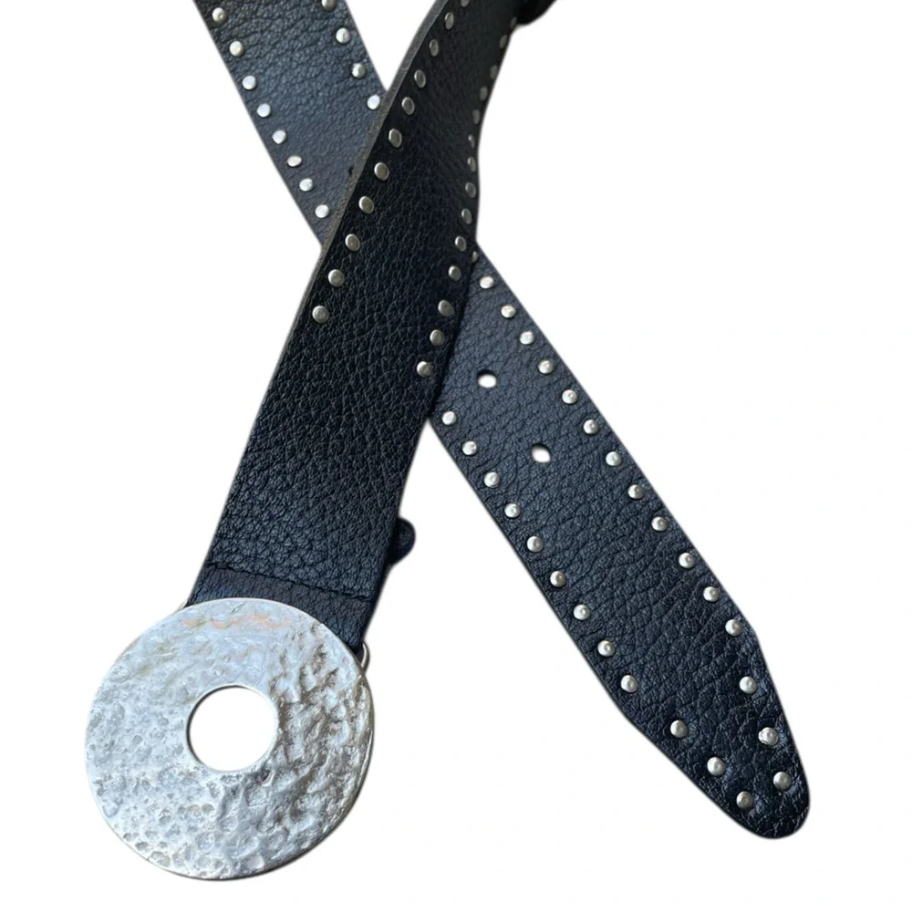 VTG ARTISAN CRAFTED Black Leather Hammered Wheel Double Rivet Leather Belt 32-36 - Picture 10 of 10
